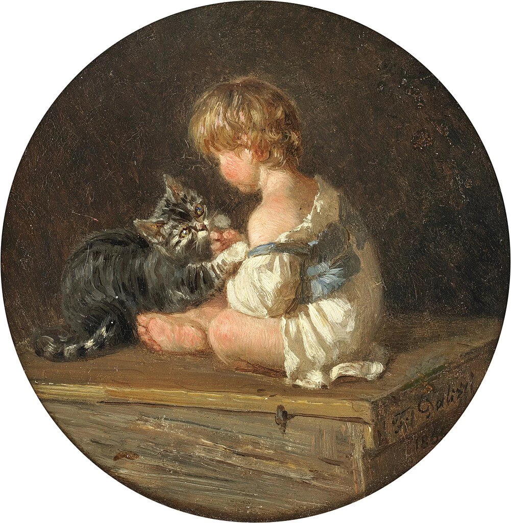 Bambino e gatto che giocano (1865)